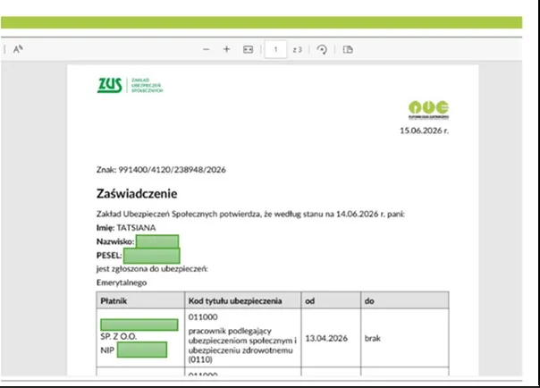 справка ZUS на карту резидента