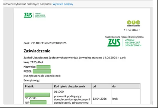справка ZUS на карту резидента